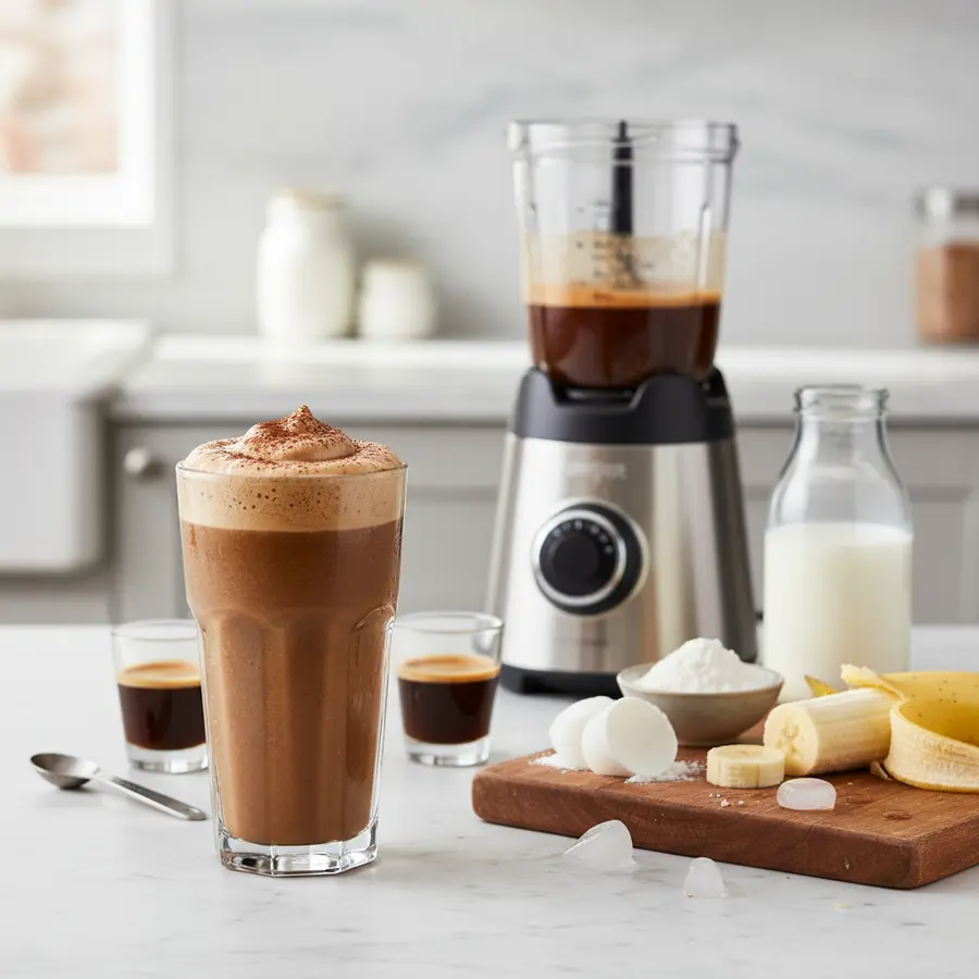 Romige espresso proteïneshake met banaan en ijs