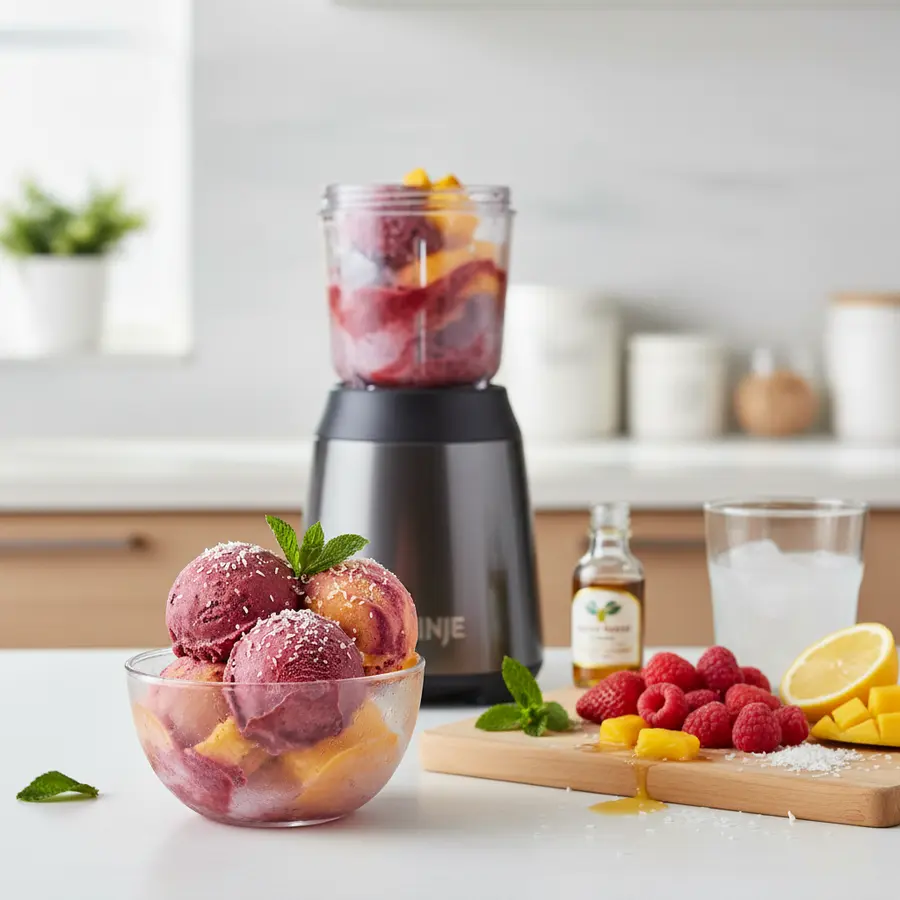 Romige blender fruitsorbet met gemengd bevroren fruit
