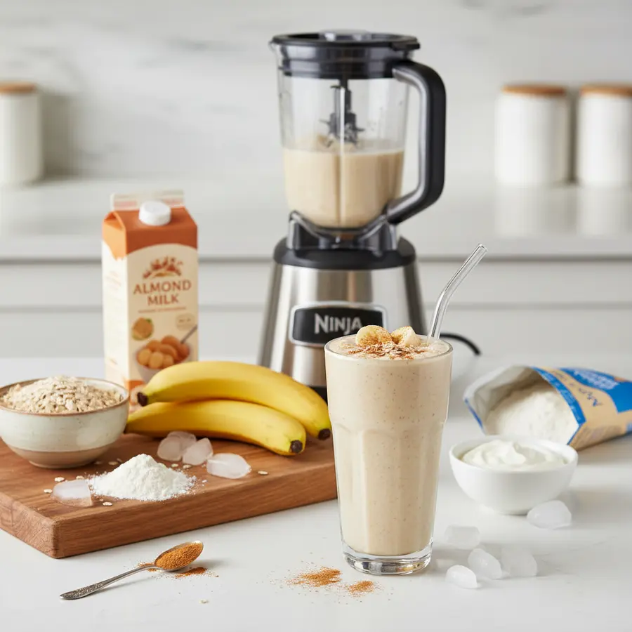 Romige havermout-banaan proteïne shake in twee glazen