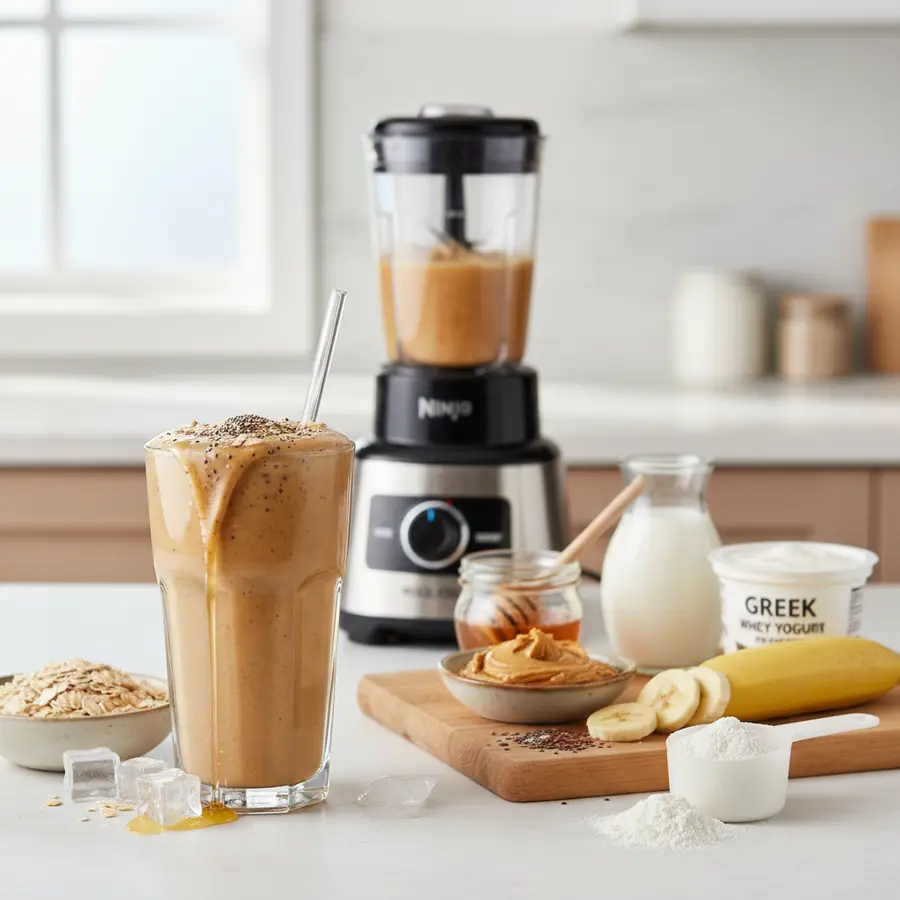 Romige high-calorie shake met banaan, pindakaas en havermout