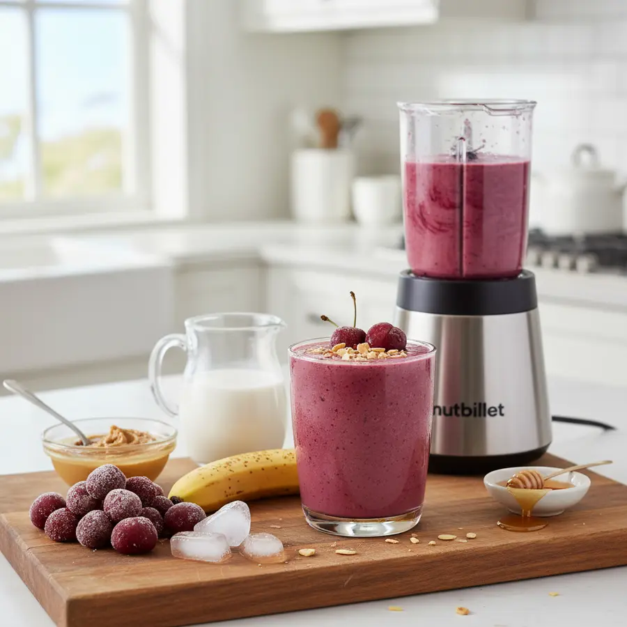 Kers-amandel smoothie met bevroren kersen en amandelmelk