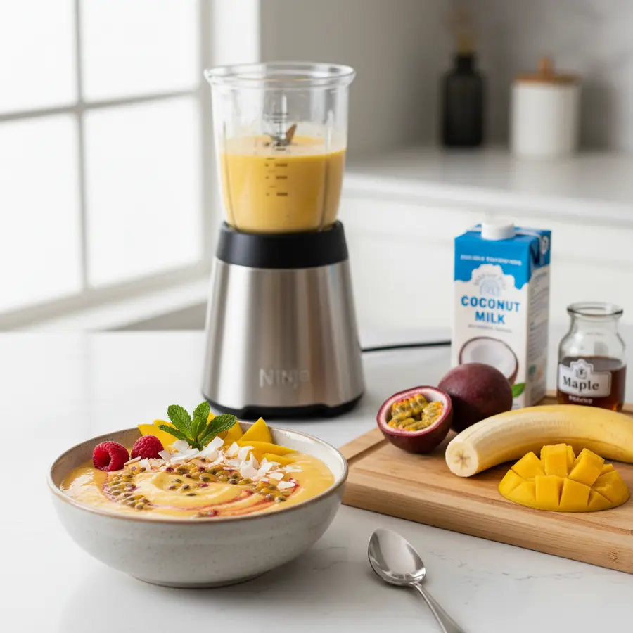 Romige mango-passievrucht bowl met granola en vers fruit