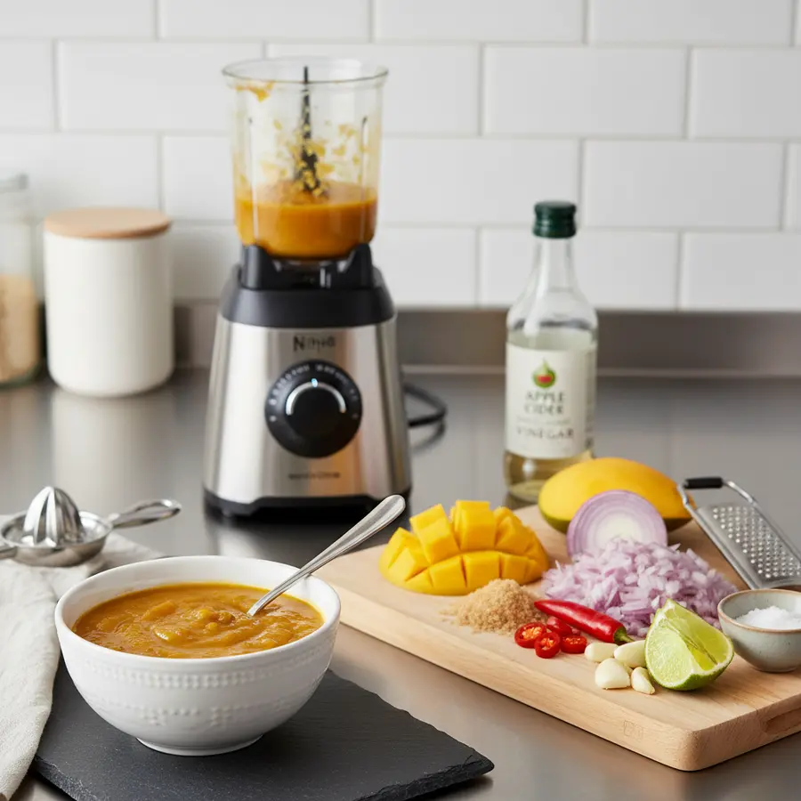 Frisse mangochutney dip van mango, gember en azijn