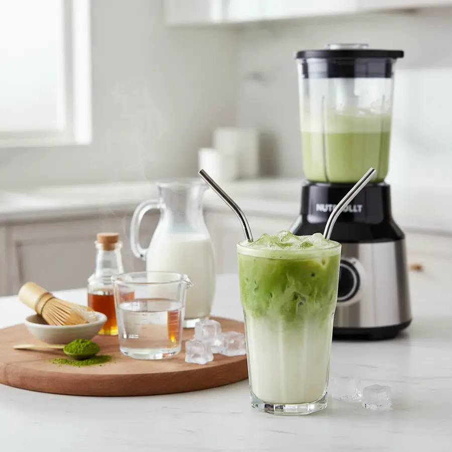 Matcha iced latte met ijs en romige melk in glas