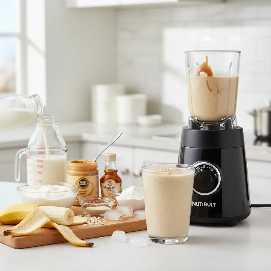 Romige maaltijdshake met banaan, pindakaas en havervlokken