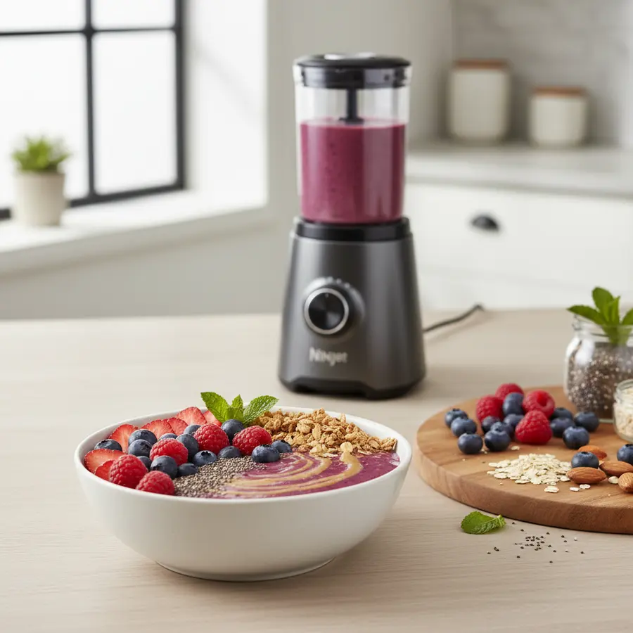 Romige bosvruchten smoothie bowl met granola en banaan