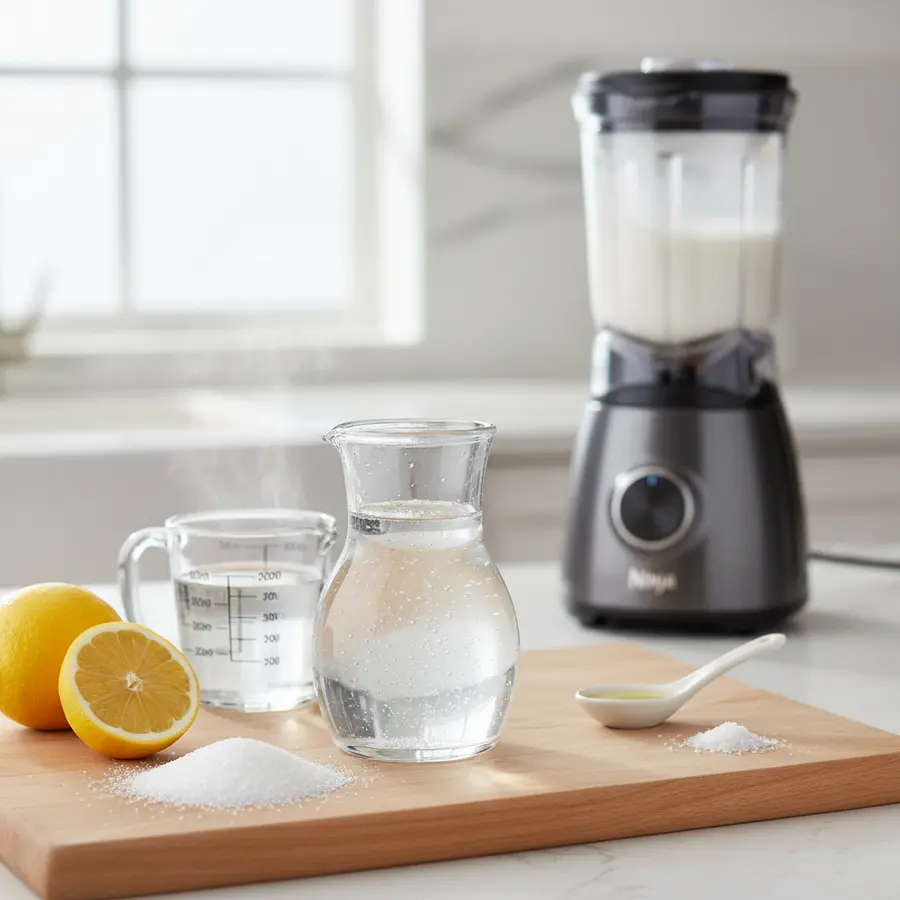 Helder suikerstroop in flesje naast blender