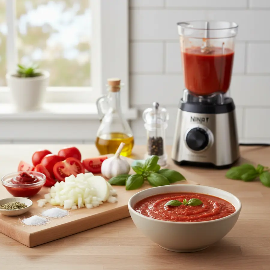 Zelfgemaakte rauwe blender tomatensaus met basilicum en olijfolie