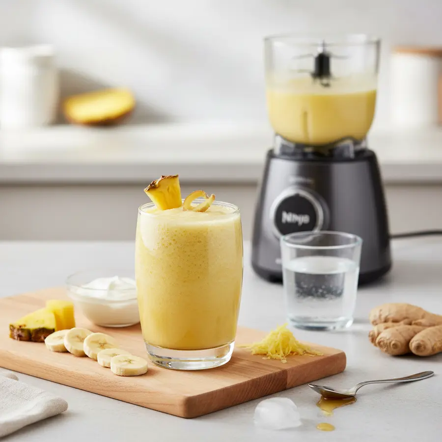 Ananas-gember smoothie met banaan, yoghurt en kokoswater