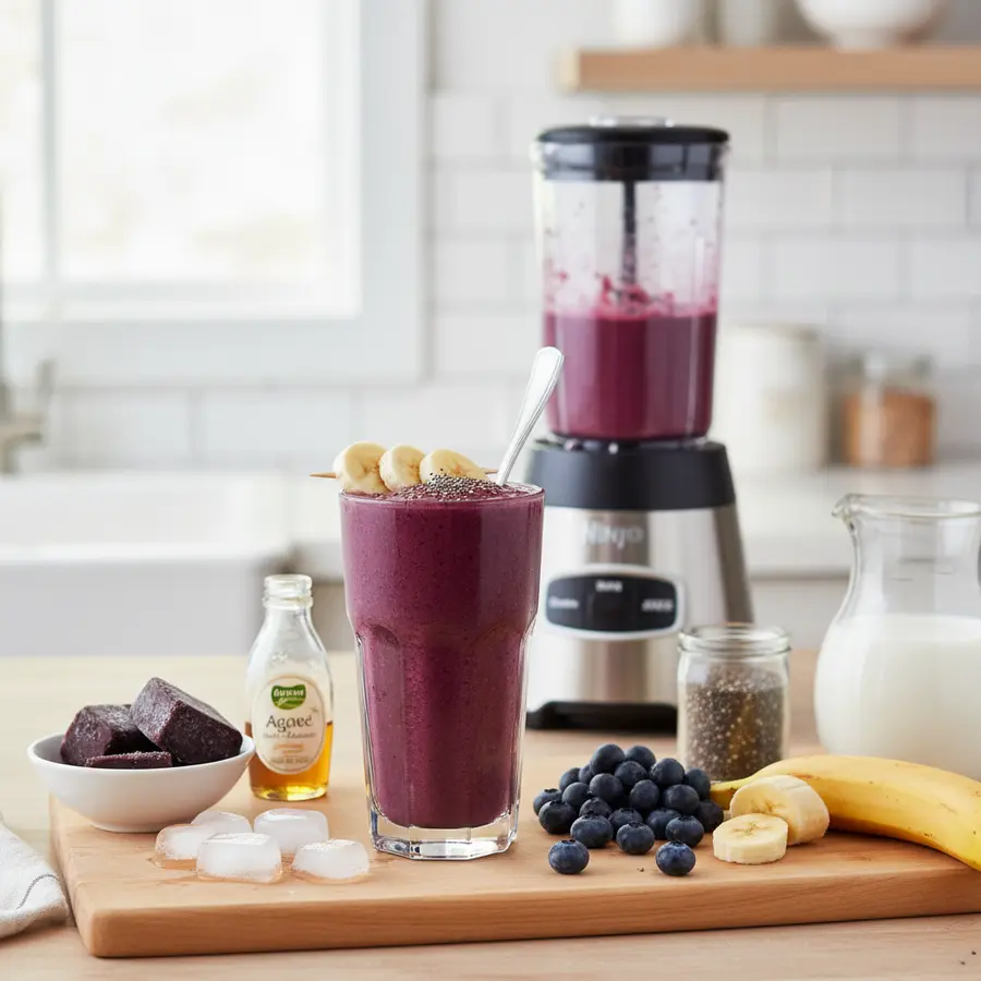 Romige açaí smoothie in glas met banaan en chiazaad