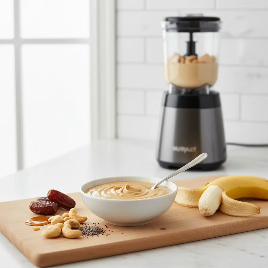 Romige cashewpasta in glazen pot met cashewnoten