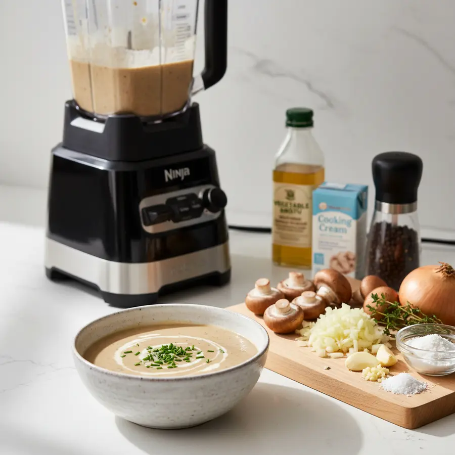 Romige champignonsoep in kommen met croutons en peterselie