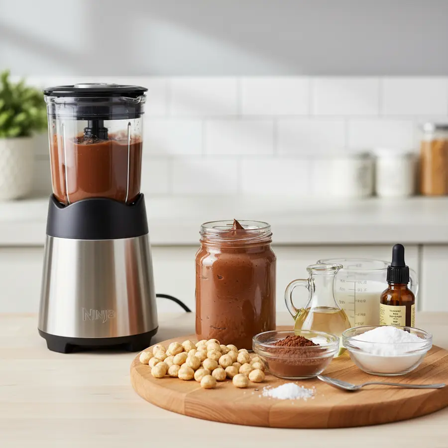 Romige chocolade-hazelnootpasta in pot met lepel en geroosterde hazelnoten