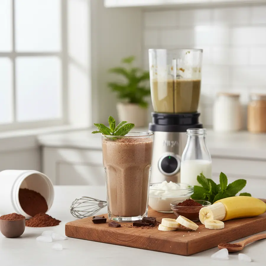 Romige chocolade-munt proteïneshake in glas met muntgarnering