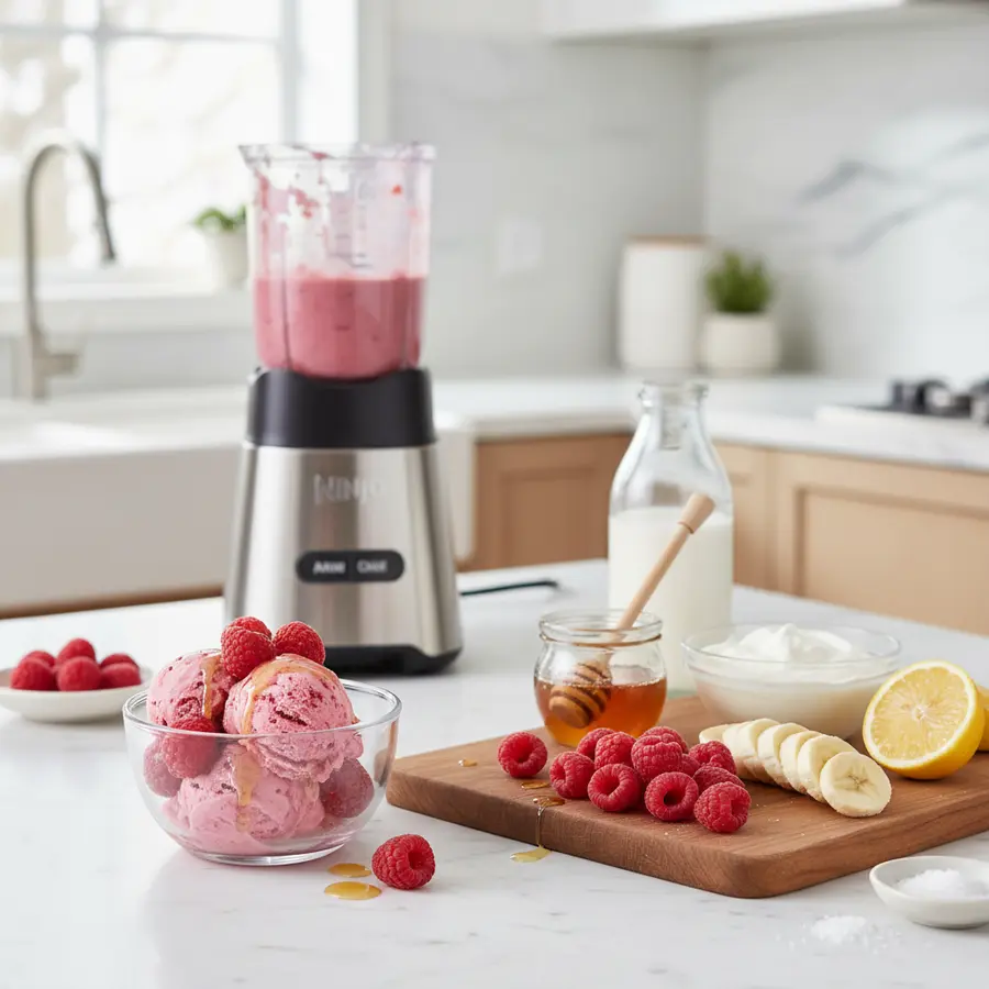 Romig frambozenijs met banaan en yoghurt in mini blender