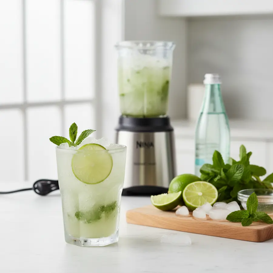 Alcoholvrije frozen mojito met limoen en munt in twee glazen