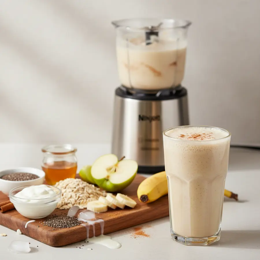 Romige havermout-appel ontbijtshake met banaan en yoghurt