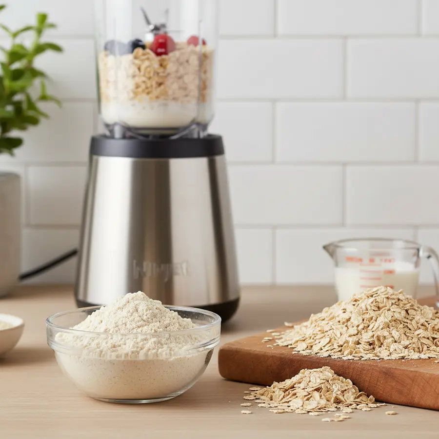 Fijn havermoutmeel in pot, gemaakt met mini blender
