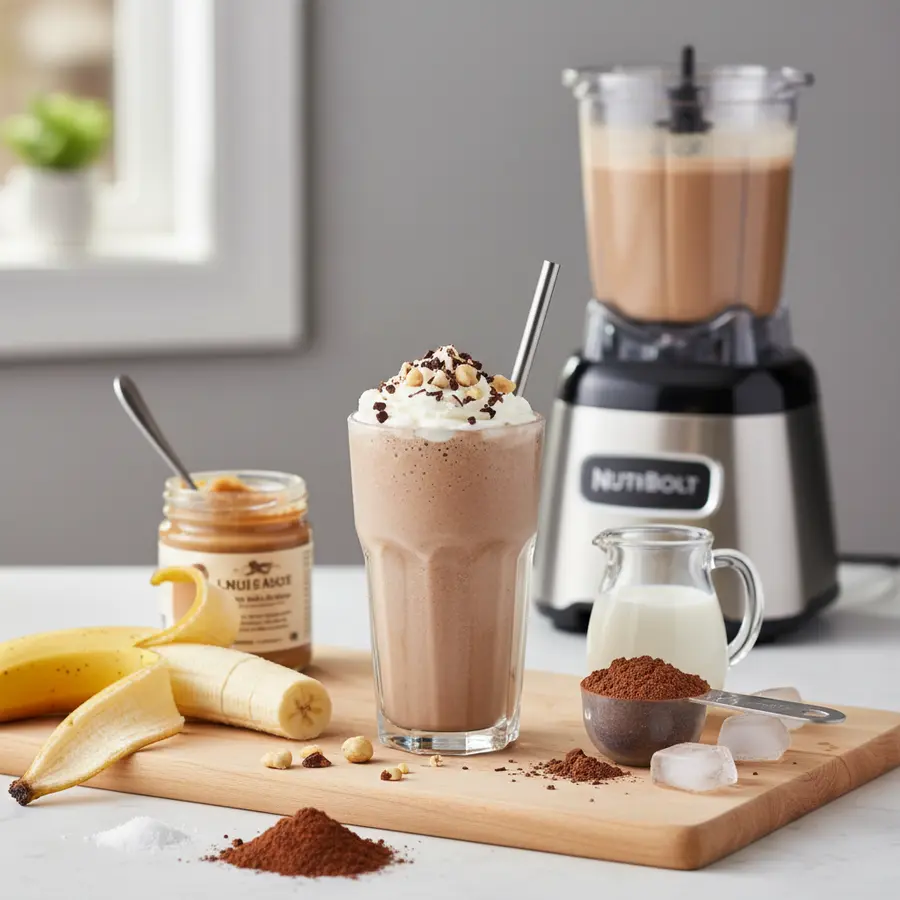 Romige hazelnoot-chocolade proteïne shake in glas met ijs