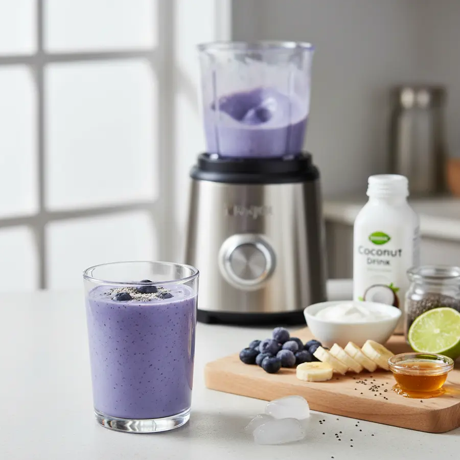 Romige kokos smoothie met bevroren blauwe bessen en banaan