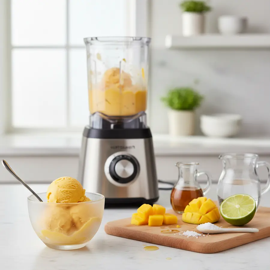 Zelfgemaakte mango sorbet met limoen en munt