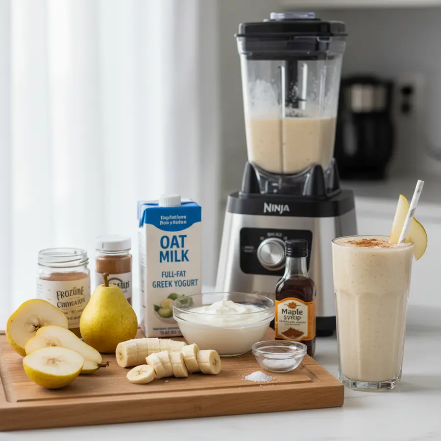 Romige peer-kaneel ontbijtshake met granola en noten