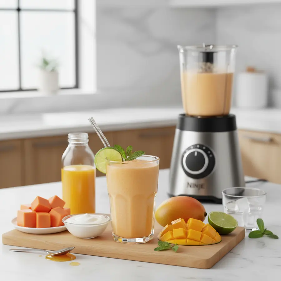 Frisse papaja-mango smoothie in glas met limoen