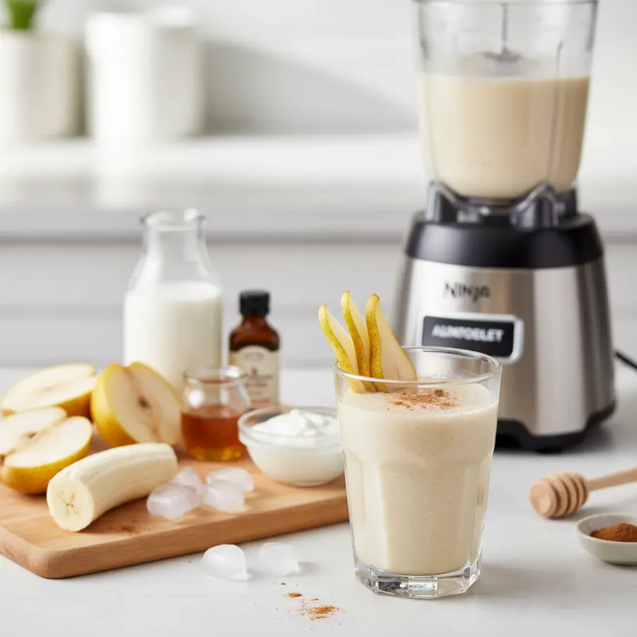 Romige peer-vanille smoothie in glas met vanille en peer