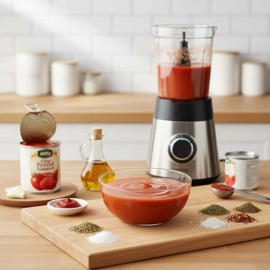 Ongekookte pizzasaus van gepelde tomaten in blender