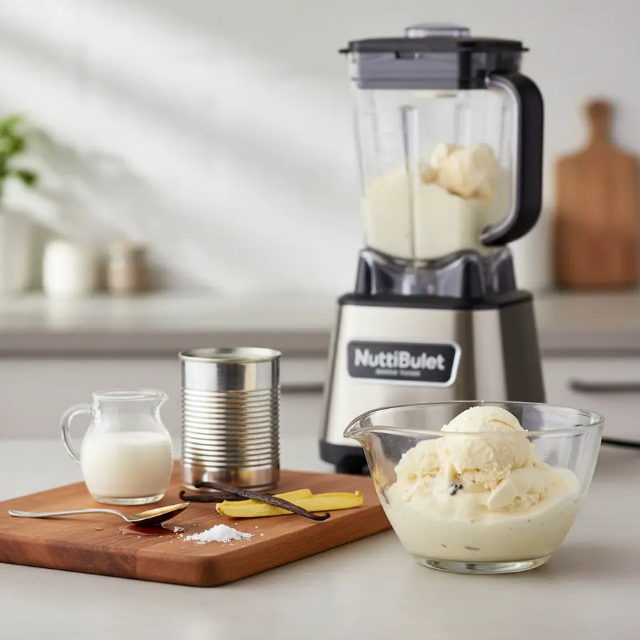 Romig vanille-roomijs in kom, gemaakt met blenderbasis