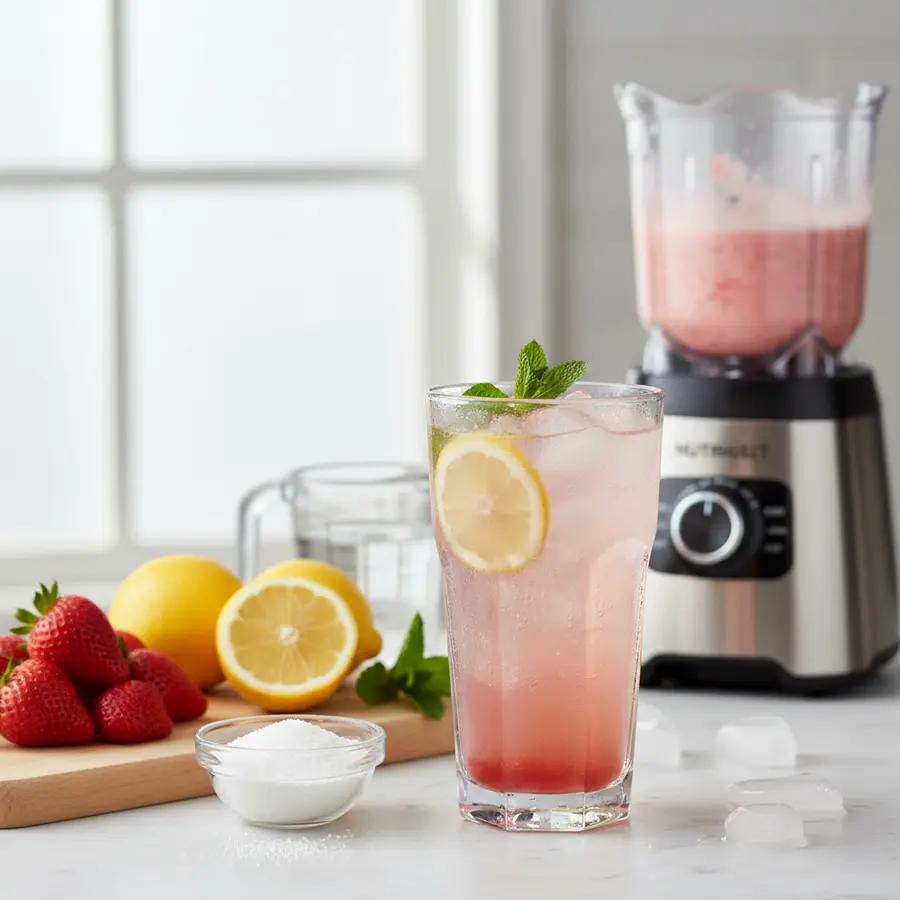 Verfrissende aardbeienlimonade in glas met ijs en munt