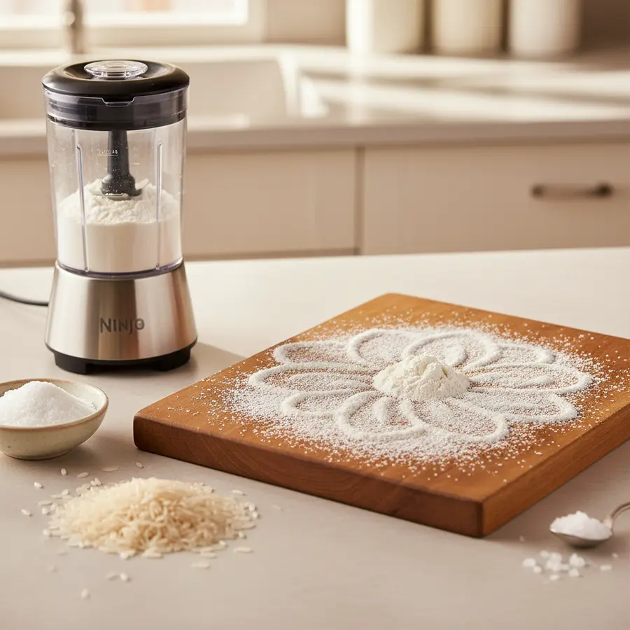 Fijn rijstmeel in glazen pot naast blender