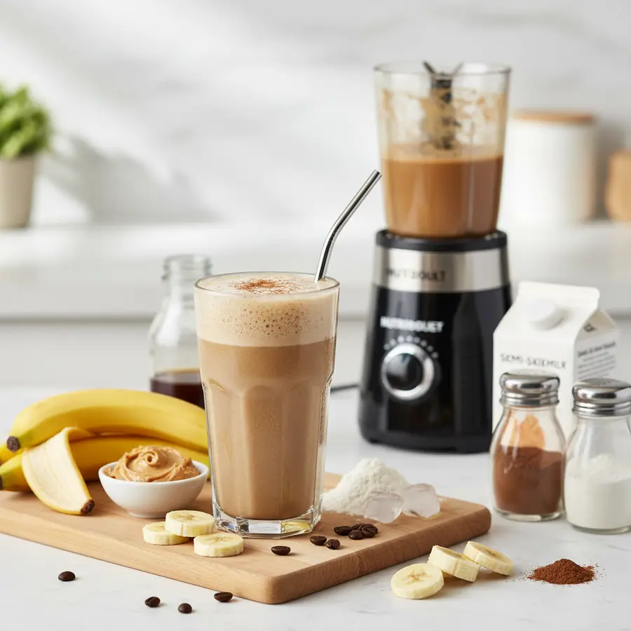 Twee romige koffie-banaan eiwitshakes met pindakaas en ijs